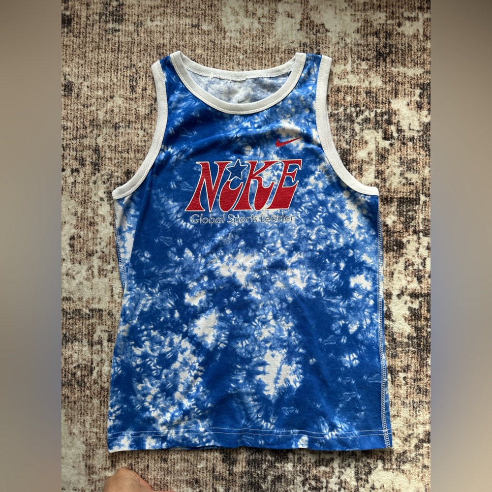 Nike Blue White Tie-Dye Kids Tank Top with Red Logo